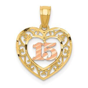 14k Two Tone Gold Diamond Cut 15 Heart Pendant, 14mm